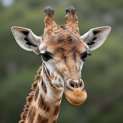 Close-up photograph of a giraffe's head, showcasing its brown and white patterned fur, large expressive eyes, and tufted ossicones