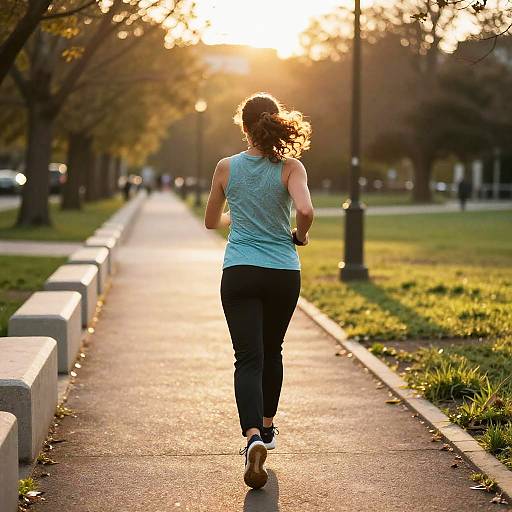 Photograph of a woman with curly brown hair, wearing a light blue tank top and black pants, jogging on a sunlit park path during sunset.