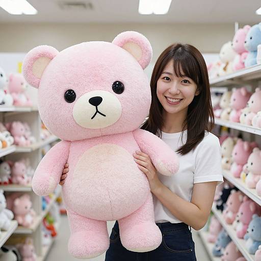 Asian woman with shoulder-length black hair, smiling, holds large pink teddy bear in white shirt, standing in brightly lit toy store.