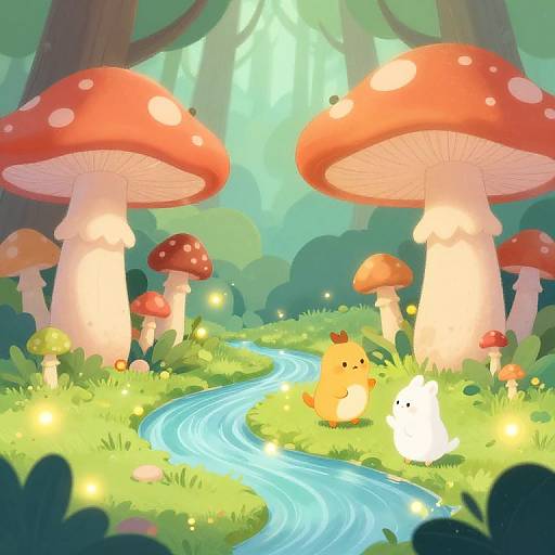 Whimsical forest scene with glowing mushrooms, a winding blue stream, a cute orange bird, and a white bunny, illuminated by fireflies. Digital