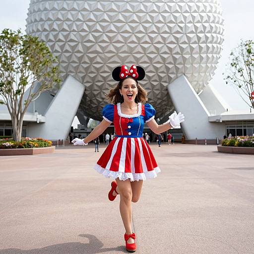 Photograph of a smiling woman in a Minnie Mouse costume, red-white-blue dress, white gloves, red shoes, running towards a futuristic, white