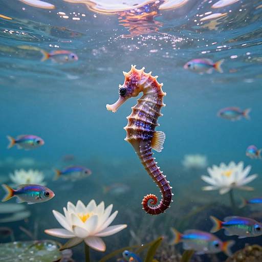 Photograph of a colorful seahorse with purple and white stripes, surrounded by blue fish and white water lilies underwater.