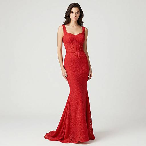 Photograph of a woman with dark hair wearing a form-fitting, red lace evening gown with spaghetti straps, standing against a plain white background.