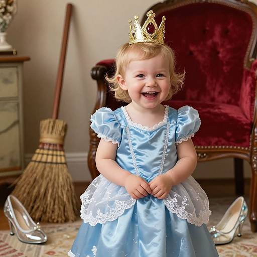 Photograph of a blonde, smiling toddler in a blue satin princess dress with white lace trim, wearing a gold crown, in a vintage room with a