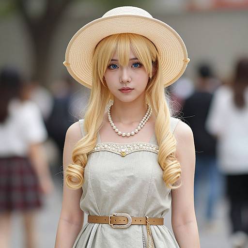 Photograph of a blonde anime-style girl with blue eyes, wearing a straw hat, pearl necklace, white dress, brown belt, and curly hair,