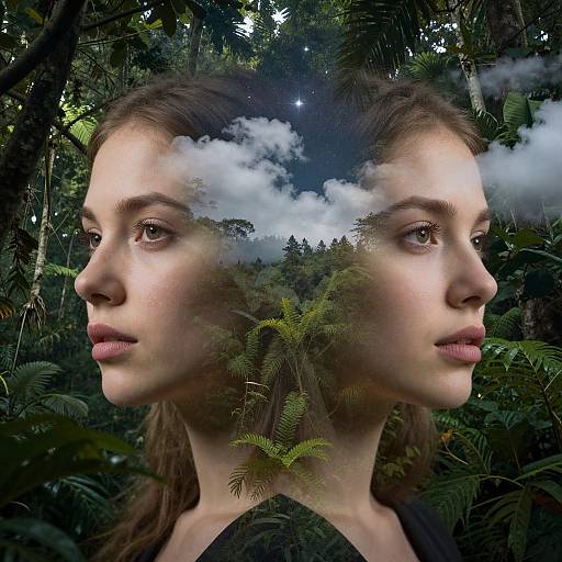 Double-sided portrait of a young woman with fair skin and brown hair, superimposed over a lush forest, with clouds and ferns blending her profiles