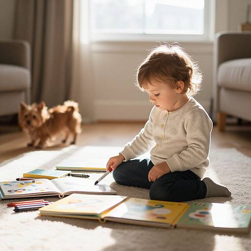 Photograph of a young child with brown hair, wearing a white long-sleeve shirt and dark pants, sitting on a carpet, drawing in a