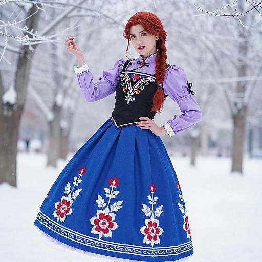 Photograph of a red-haired woman in a blue floral dress with white and red flowers, black bodice, lavender shirt, winter forest background.