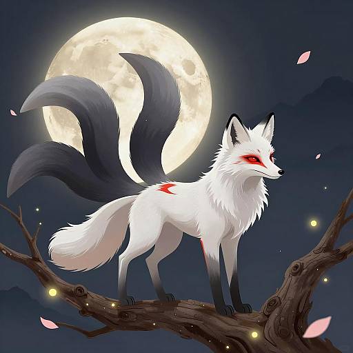 White Fox with Multiple Tails Under Full Moon