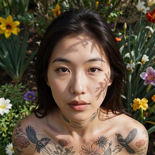 Photograph of an Asian woman with black hair, nude, showcasing extensive floral and bird tattoos, surrounded by a colorful garden.