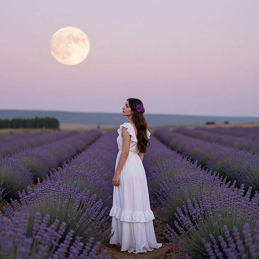 Photograph of a woman in a white dress and purple flower crown standing in lavender fields at sunset, looking up at a full moon.