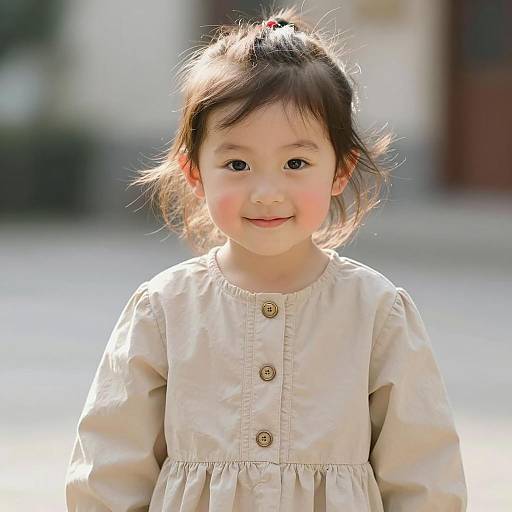 Smiling Young Girl in Beige Dress