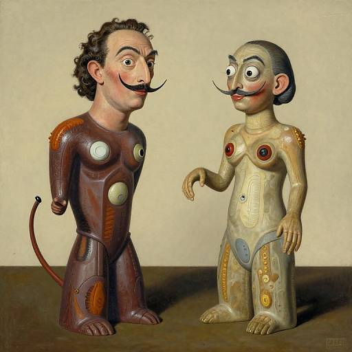 Photograph of two surreal, wooden puppet figures with exaggerated mustaches, one dark brown with circular metal accents, the other beige with circular and oval designs