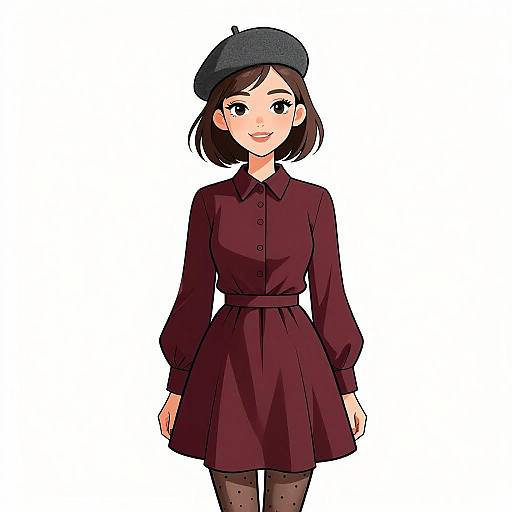 Digital anime-style illustration of a smiling young woman with short brown hair, wearing a dark maroon dress, black beret, and polka-dot t