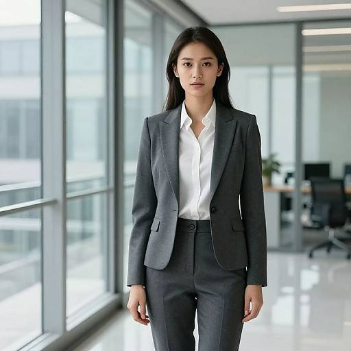 Photograph of an Asian woman with long black hair, wearing a dark gray suit and white shirt, standing in a modern, sunlit office with large