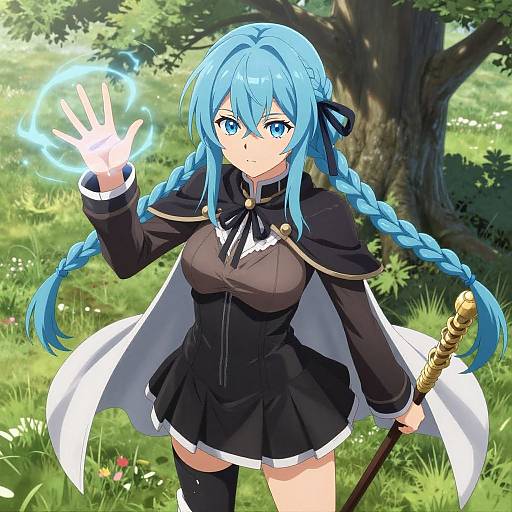 Digital anime-style drawing of a blue-haired girl with twin braids, black and white outfit, casting a glowing blue spell, holding a sword, standing