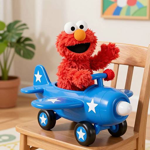 Photograph of red, fuzzy Elmo puppet driving blue, star-decorated toy airplane on wooden chair in brightly lit room with potted plant.