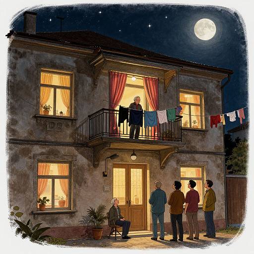 Nighttime illustration of a rustic house with a full moon, warm-lit windows, red curtains, laundry hanging, and six people standing outside.