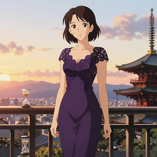 Anime-style digital drawing of a young woman in a dark purple lace dress, standing on a balcony at sunset, with traditional Japanese architecture and a sunset view