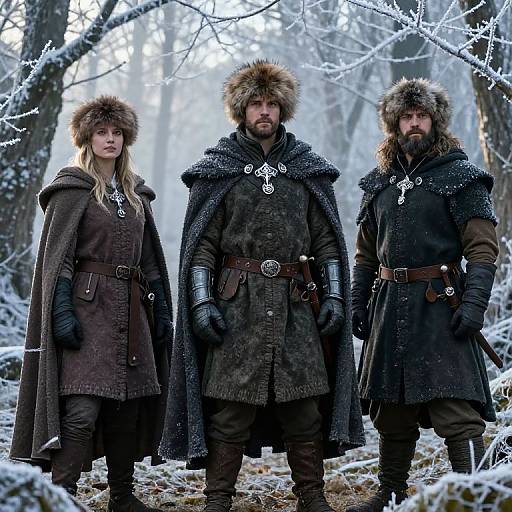 Photograph of three Viking warriors in snowy forest, wearing fur-trimmed cloaks, dark tunics, belts, and fur hats, with serious