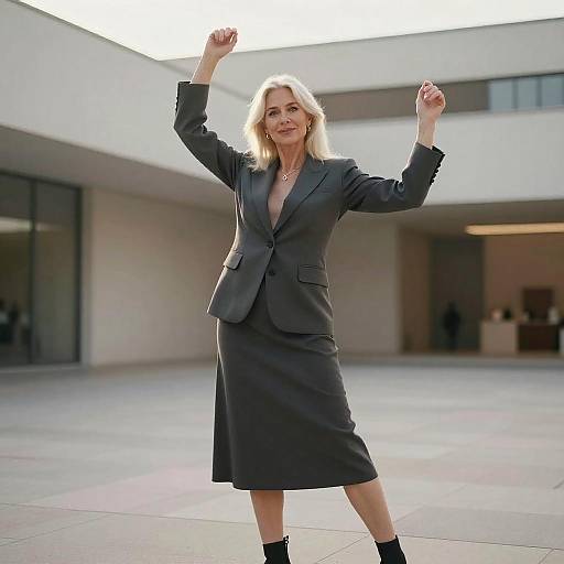 Photograph of a blonde woman in a black blazer and knee-length skirt, raising her fists in a confident pose, standing in a modern, open