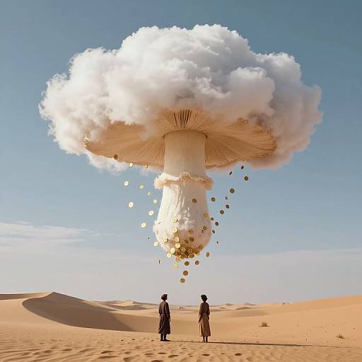 Surreal Golden Coins Rain in Desert