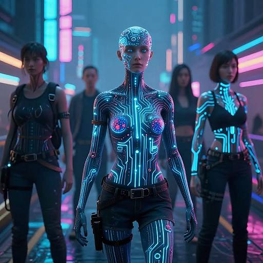 Neon-lit cyberpunk scene: central glowing, robotic woman with circuit-patterned skin, exposed breasts, flanked by three dark-clad,