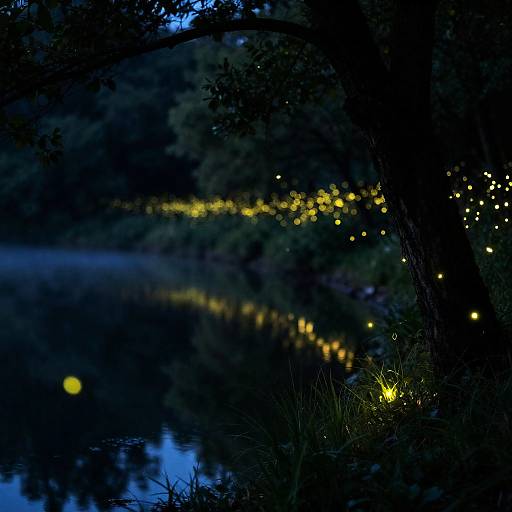 Moonlit Fireflies Over Reflective Forest Lake