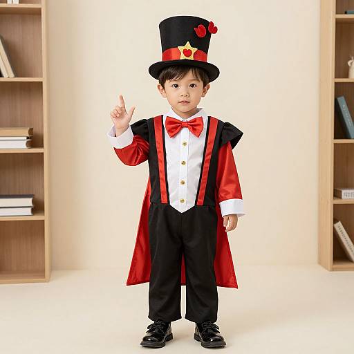 Photograph of a young Asian boy in a magician costume, black top hat with red bow, red and black coat, white shirt, red bowtie