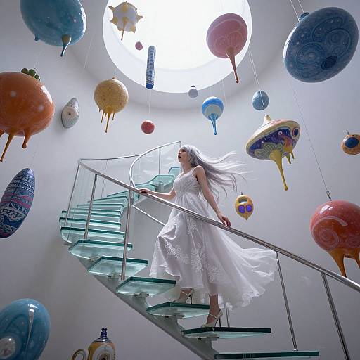 Photograph of a woman in a white, flowing dress ascending a glass spiral staircase, surrounded by colorful, dripping balloon sculptures in a bright, modern,