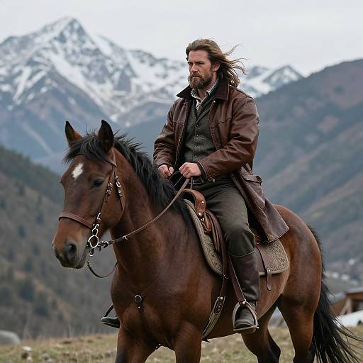 Rugged Man Riding Horse in Mountains