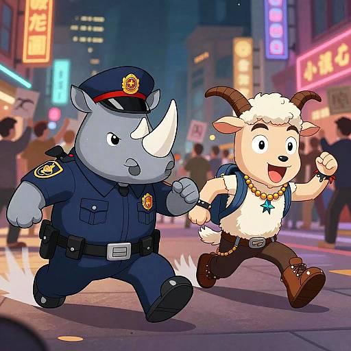 Cartoon rhinoceros police officer and cheerful sheep running together through a vibrant, neon-lit city street at night. Digital art style.
