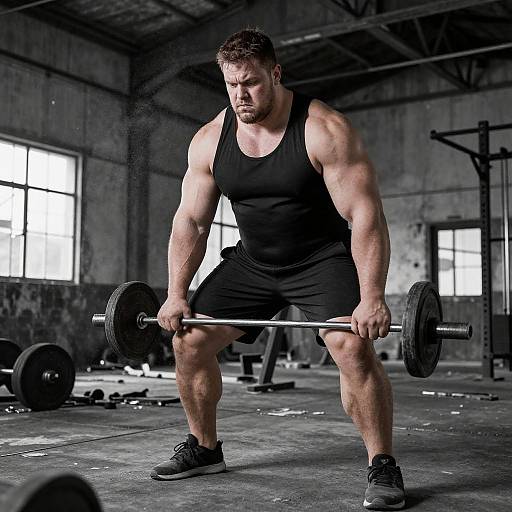 Muscular man with short brown hair, wearing black tank top and shorts, squats with heavy barbell in dim, industrial gym.