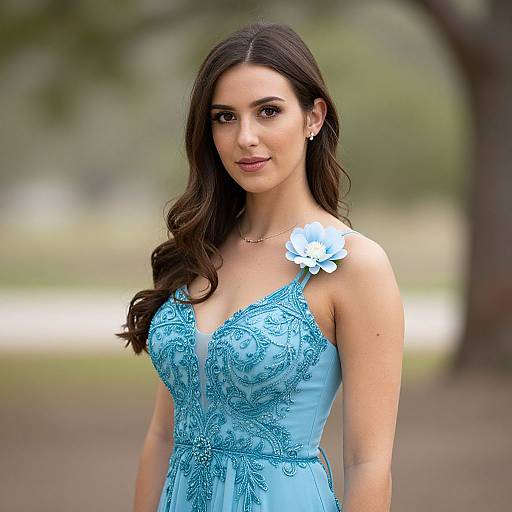 Photograph of a beautiful woman with long brown hair, wearing a light blue, lace-embellished dress with a large flower on her shoulder,