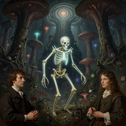 Digital illustration of a glowing skeleton in a dark, surreal forest with glowing mushrooms, two Victorian-era dressed people in foreground.