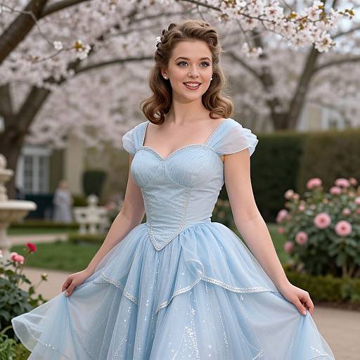 Photograph of a smiling young woman with curled brown hair wearing a light blue, lace-trimmed, princess-style ball gown in a blooming garden