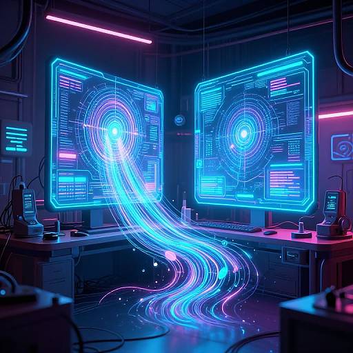 Neon-lit futuristic laboratory with glowing blue holographic screens emitting a vibrant, wavy light trail across the floor. Cyberpunk aesthetic.