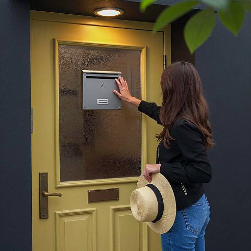 Woman by Yellow Door with Straw Hat