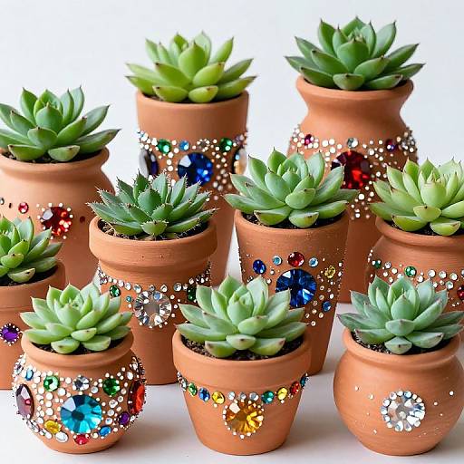 Photograph of eight terracotta pots with green succulents, each decorated with colorful, sparkling gem-like beads, arranged in a cluster.
