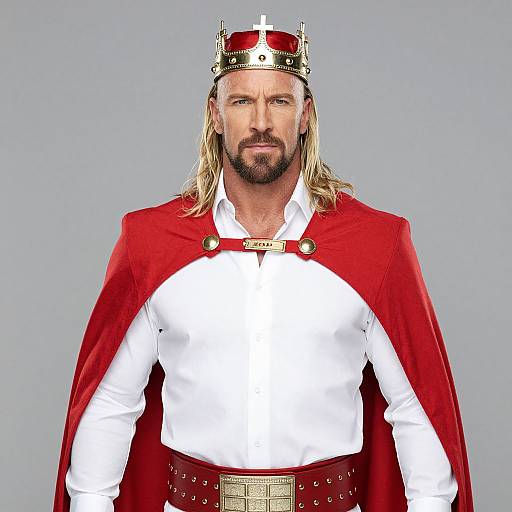 Photograph of a bearded, blonde-haired man in a red crown and cape, wearing a white shirt with gold buttons and a red belt, against