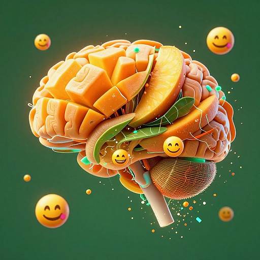 Digital art of a glowing, orange brain with layered slices, surrounded by floating smiley faces, green background, and a microphone.