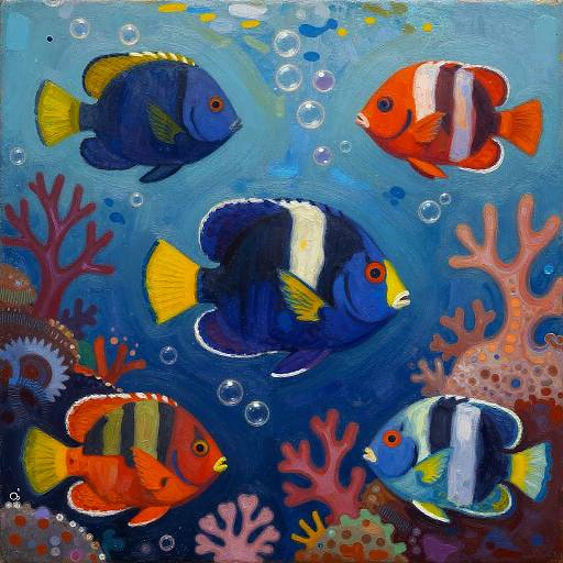 Vibrant painting of colorful clownfish with blue, orange, and yellow stripes, swimming among coral and bubbles in a blue underwater scene.
