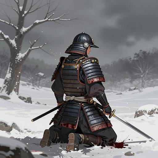 Samurai in Snowy Battlefield Illustration