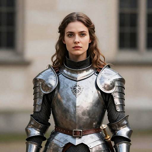 Photograph of a serious young woman with wavy brown hair in shiny silver medieval armor with black lining, standing in front of a blurred stone building.