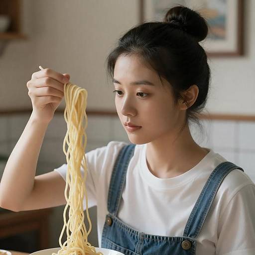 Focused Asian Woman with Yellow Noodle