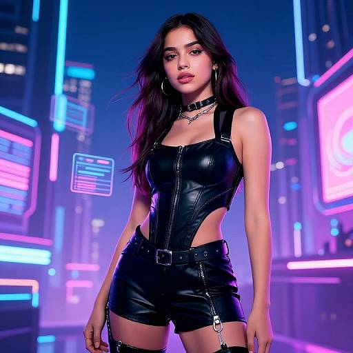 Digital art of a sexy woman with long dark hair, wearing a black leather zip-up bodysuit and shorts, in a neon-lit futuristic city