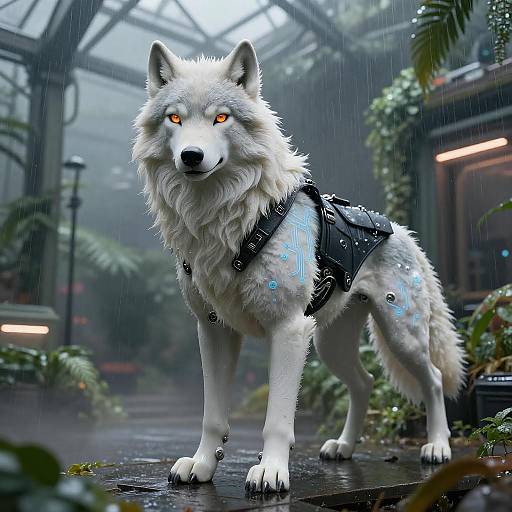 Cyberpunk Fenrir Wolf Greenhouse Morning Portrait