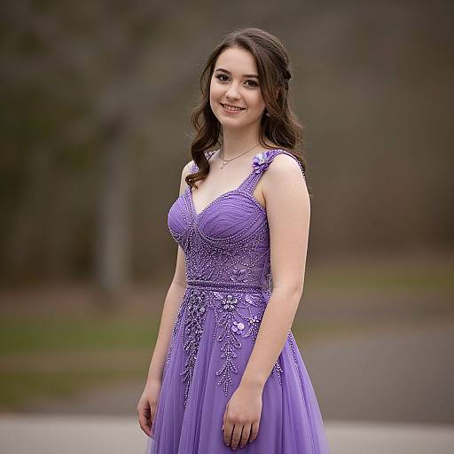 Photograph of a smiling young woman with fair skin, dark wavy hair, wearing a lavender, sleeveless, floral-embellished dress,