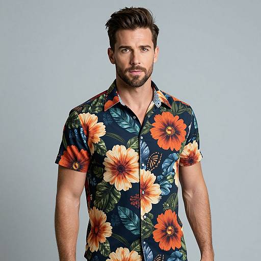 Photograph of a handsome, bearded man with short dark hair, wearing a vibrant, floral-patterned, short-sleeve shirt with large orange