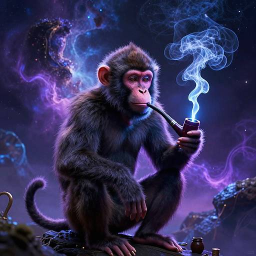 Digital illustration of a smoking, realistic-looking monkey with glowing blue smoke, set against a cosmic, purple nebula background.